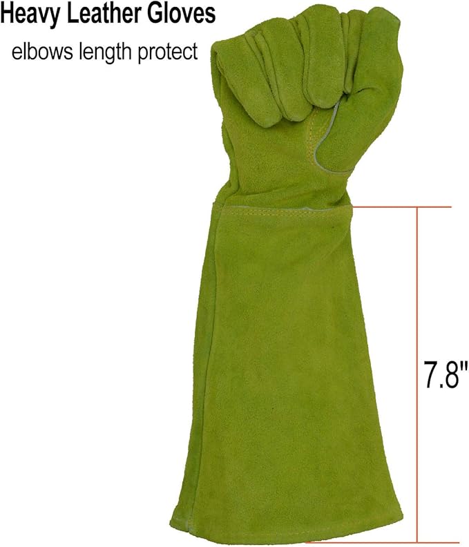 HANDLANDY Ladies Leather Gardening Gloves, Thorn Proof Long Gauntlet Heavy Duty Garden Gloves, Elbow Length Women Rose Pruning Gloves (Medium, Green)