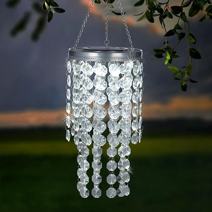 Hanging Solar Lantern Outdoor, 2 Tiers 21” Solar Transparent Acrylic Beaded Chandelier with Cool White LED S Hooks for Garden Yard Patio Gazebo Outside Decor