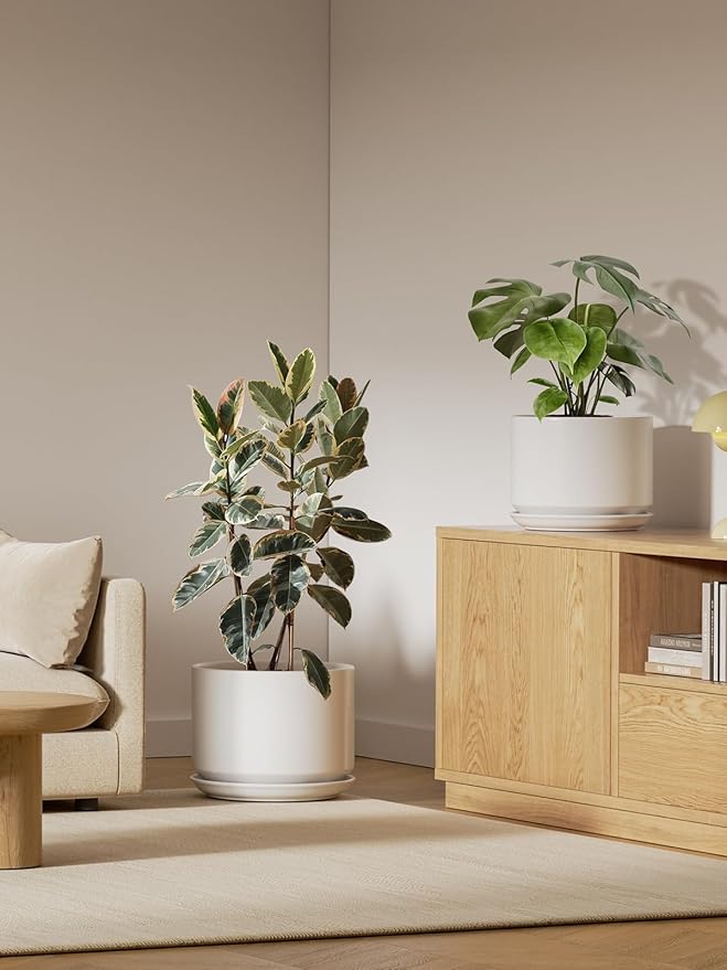 LE TAUCI 12 Inch Pots for Plants, Ceramic Pots for Indoor Plants, Plant Pots for Home & Office, Modern Flower Pots Fit Mid Century Plant Stand, Planters with Drainage Holes and Saucers, White