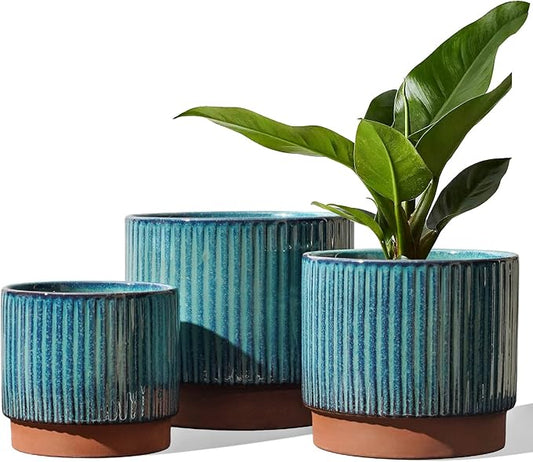 LE TAUCI Ceramic Plant Pots with Drainage Holes, Set of 3, 8+6.7+5.5 Inch Stripe Garden Planter Pots for Outdoor Indoor Plants Flower, Round Succulent Orchid Flower Pot, Reactive Glaze Black