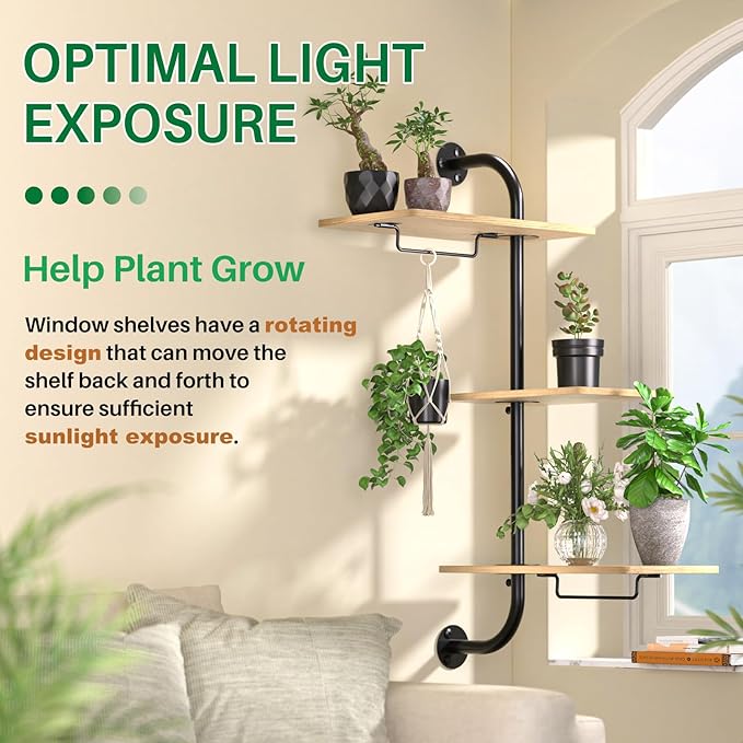 DELLAN Window Plant Shelves, Rotating Plant Shelf for Window, Wall Mounted Indoor Hanging Plants Shelf (3 Tier)