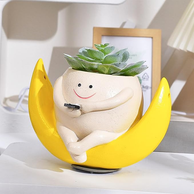 Swing Smiley Face Hanging Planter Pot for Indoor Outdoor Plants, Cute Swinging Plant Pot, Hanging Flower Pots, Face Planter Pot Head, Valentines Day Gifts for Her(Rocking Moon)
