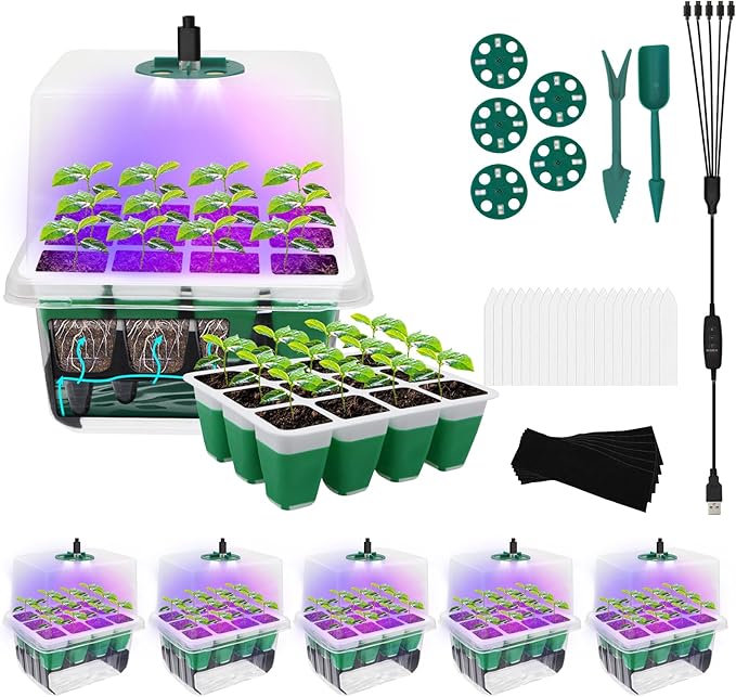 60 Cells Self Watering Seed Starter Tray with Soft Silicone Cells, 5 Pack Reusable Seed Starter Kit for Greenhouse Propagator Station Planting Growing