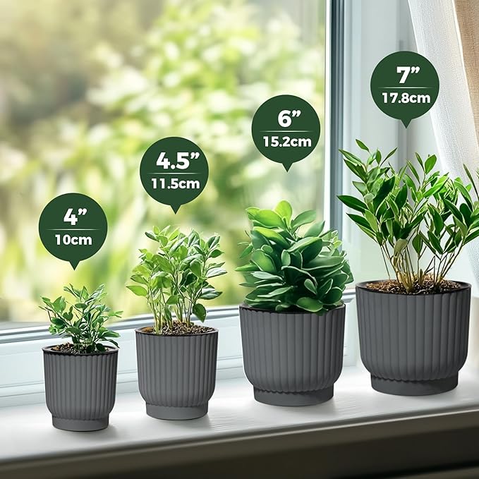T4U 4.5 Inch Self Watering Pots for Indoor Plants, 6 Pack Gray Plastic Flower Pots for All House Plants, Flowers, African Violets