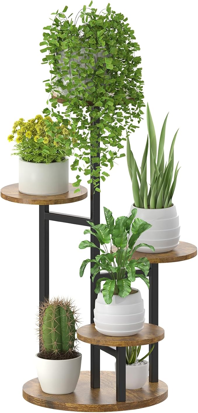 5 Tier Plant Stands Indoor Outdoor, Tiered Metal Wood Corner Plant Shelf for Multiple Plants, Tall Flower Stand Holder Display Rack for Living Room Balcony Garden Patio (Round)