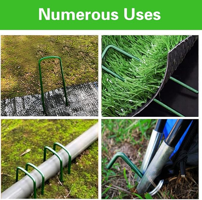 Bakulyor 50Pcs Green Landscape Staples 6 Inch Garden Artificial Turf Stakes Staples, 11 Gauge Lawn Galvanized Ground Fabric Pins for Weed Barrier Sod Decorations Holding Fence and Irrigation Tubing