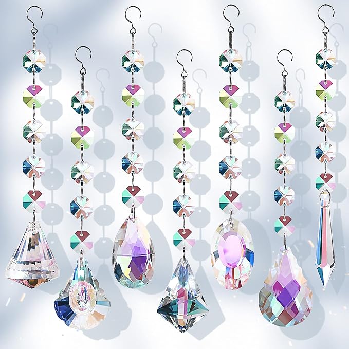 Sun Catchers with Crystals, 7 Pcs Hanging Crystals Suncatchers for Windows, Colored Crystals Prisms Glass Pendant Suncatchers Beads for Chandeliers, Garden, Christmas Tree Decoration