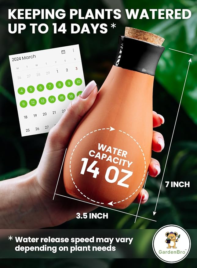 4 Pcs Ollas Terracotta Watering Pots Large- 14 Oz Self Watering Planter Insert Olla Watering System for 1-Week Easy to Refill - Clay Plant Watering Globes for Outdoor & Indoor Plants [4, Black]