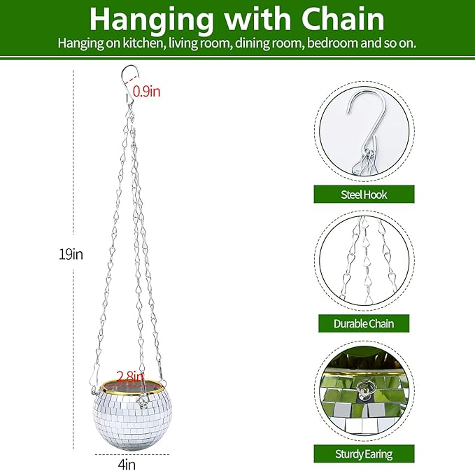Disco Ball Planter, 2pcs 4" Silver Disco Ball Planter, Disco Ball Plant Hanger with Hanging Rope, Hanging Chain, Hook, Circle and Extra Mirror Pieces (4" Silver, 2pcs)