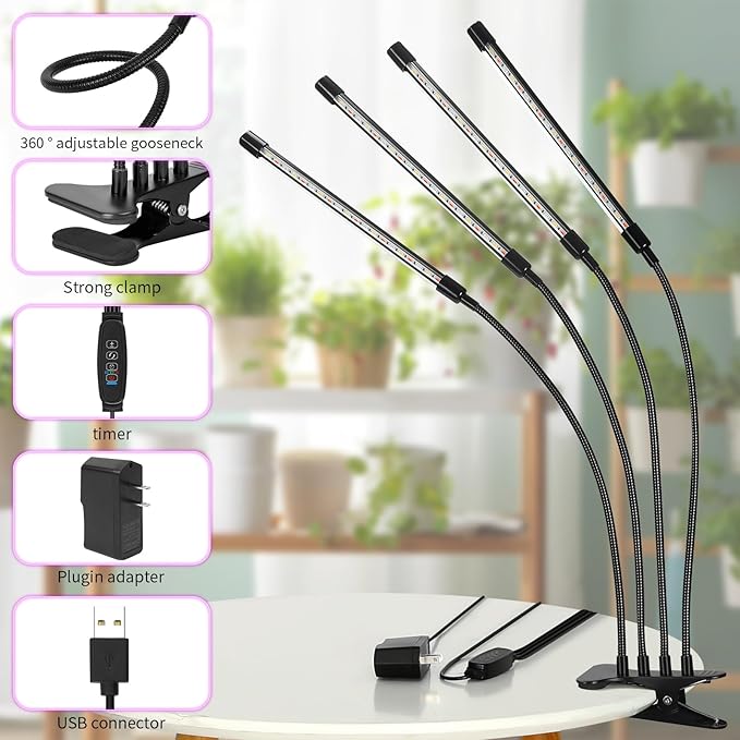 LED Grow Lights, 4 Heads Red Blue White Full Spectrum Plants Lights with Clamp for Indoor Plants & Seed Starting, 10-Level Dimmable, Auto On Off, Timing 4 9 12Hrs