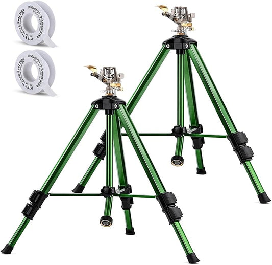Impact Sprinkler on Tripod Base, 2 Pack Lawn Sprinkler for Yard 360 Degree Large Area Water Sprinkler for Lawn Heavy Duty Garden Sprinkler with 3/4 Inch Connector Extension Legs Flip Locks