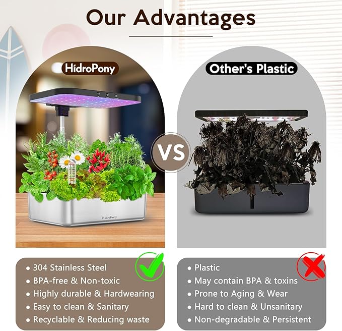 Hydroponics Growing System Herb Garden - HidroPony 15 Pods Indoor Gardening System with Grow Light, Stainless Steel Plants Germination Kit with Quiet Pump System, Gardening Gifts for Women