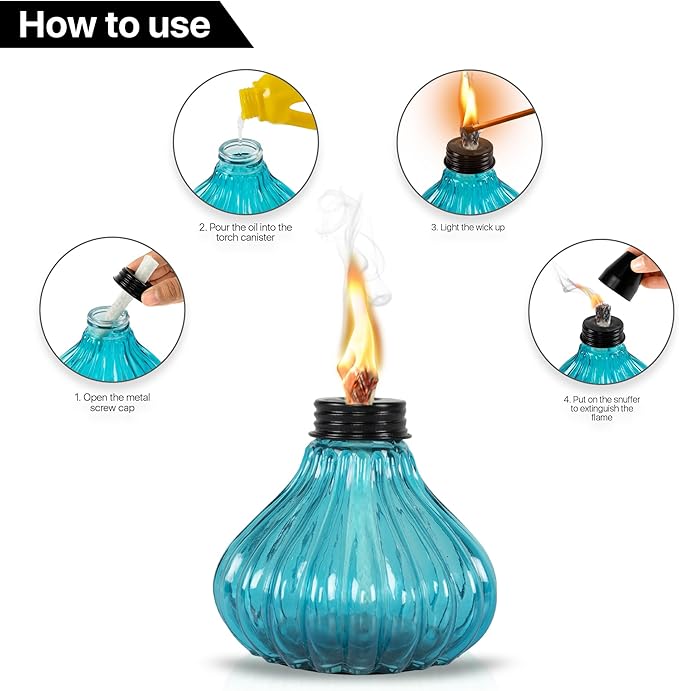 Deco Window Pack of 4 Table Torch for Indoor Outdoor Citronella Oil Tabletop Glass Lamp Landscape Multicolored Lantern with Fiberglass Wick & Cap for Garden Patio Yard Party Decor Light