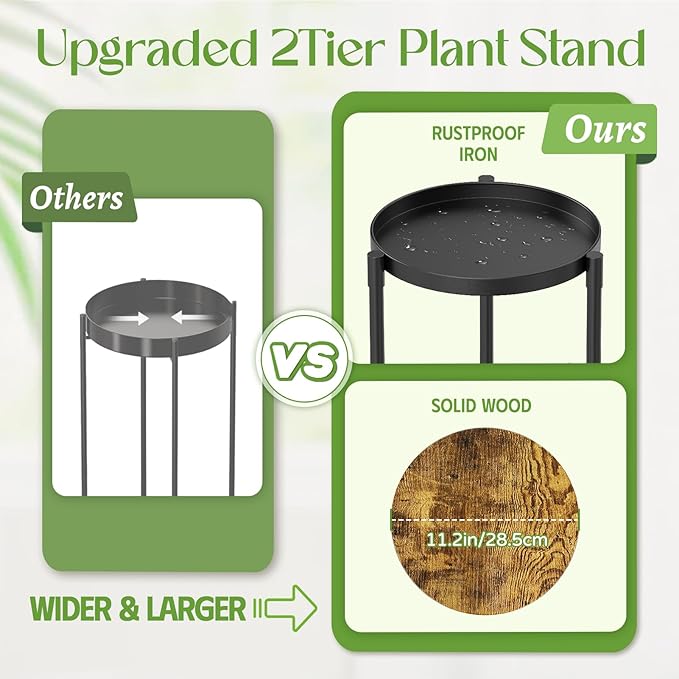 iDavosic.ly 2 Tier Corner Plant Stand Indoor, 30 Inch Tall Vertical Metal Flower Heavy Duty Pot Holder Shelf Outdoor for Patio Porch Living Room, Modern Black & Rustic Brown - Round