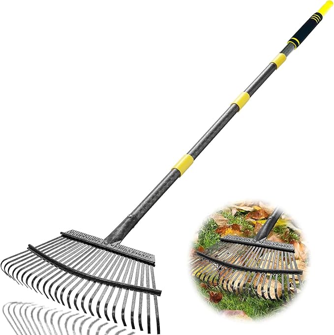 Garden Leaf Rakes, 6FT Rakes for Lawns Heavy Duty 25 Metal Tines 18.5 inch Wide, Adjustable Long Steel Handle, Rakes for Leaves, Gathering Shrub, Leveling Grass, Flower Beds, Yards