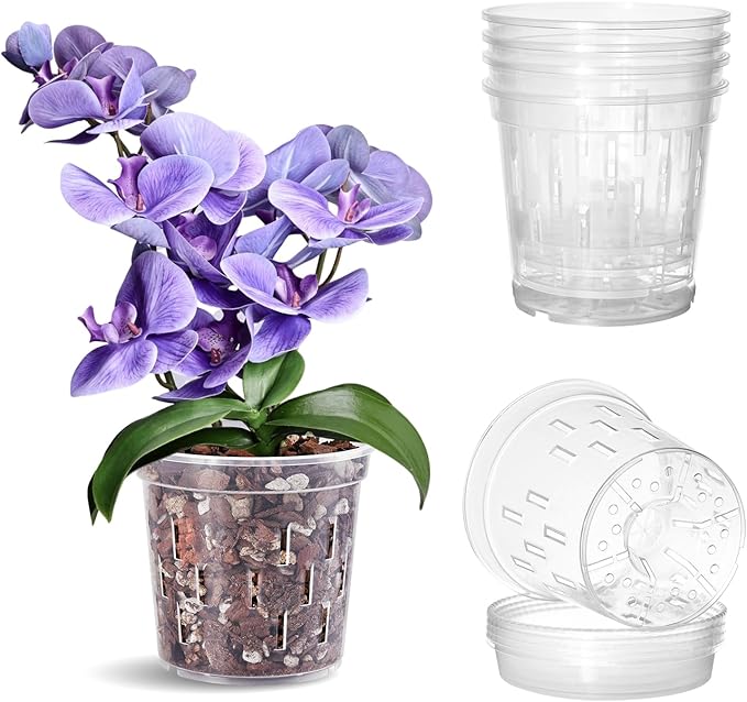 TRUEDAYS 4 Pack Orchid Pot with Saucers Garden Pot 5 Inch Clear Plastic Plant Pots with Drainage Holes for Indoor Outdoor Plants