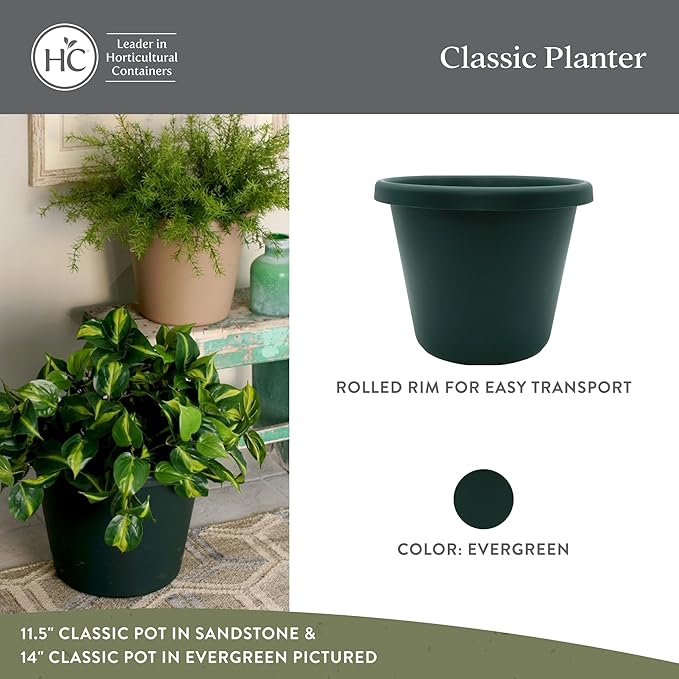 The HC Companies 14 inch Round Classic Planter - Plastic Plant Pot for Indoor Outdoor Plants Flowers Herbs, Evergreen (2 Pack)