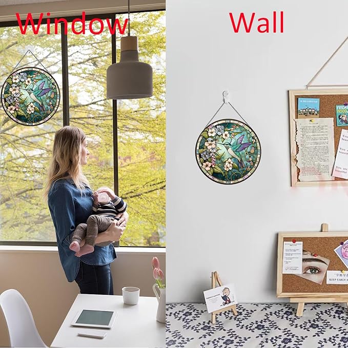 Hummingbirds and Flowers Pattern Stained Glass Suncatchers for Windows,Hanging Stained Glass Suncatcher,20cm/7.87inch Hand-Painted Sun Catcher Garden Painted Glass Panel Decor Themed Gift