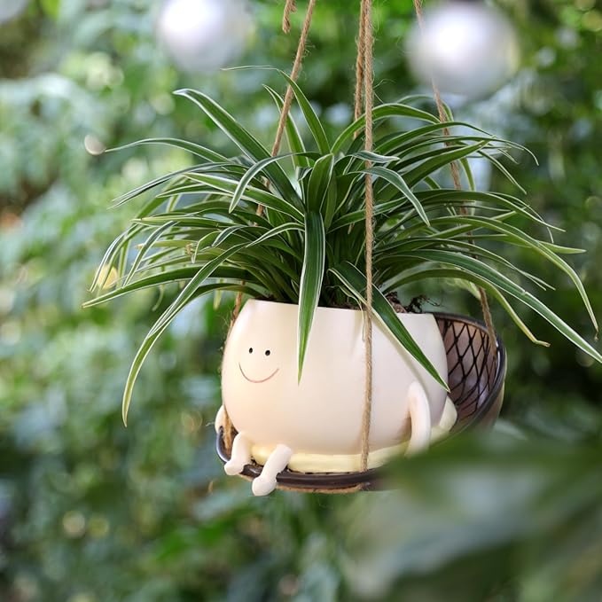 Hanging Swing Chair Planter Pot Smiley Face Planter for Indoor Outdoor Plant Cute Head Resin Flower Pots for String of Pearls Plant Live Unique Gift IdeaI for Mother Day, Christmas (Large)