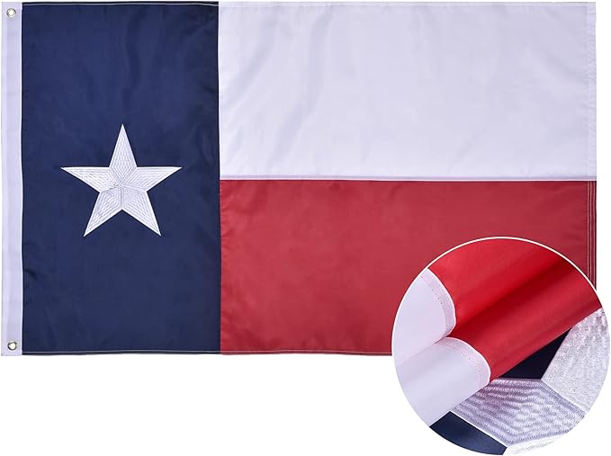 Texas State Flag 4x6 Ft, Deluxe Embroidered Heavy Duty Polyester Durable TX Outside Flags, Indoor/Outdoor, Sewn Stripes and Brass Grommets