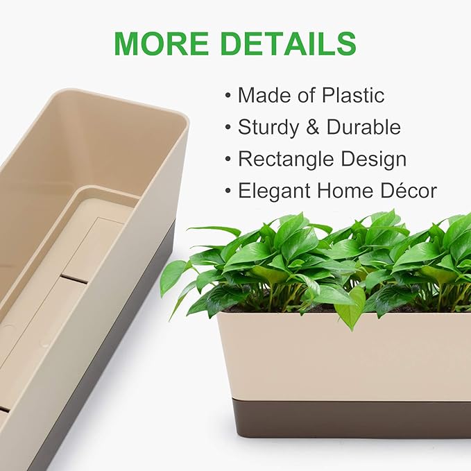 GROWNEER 3 Packs 12 Inches Window Boxes Rectangle Planter Long Pots with 15 Pcs Plant Labels Plastic Flower Plant with Saucer for Windowsill Garden Balcony Home Indoor Outdoor (Beige)