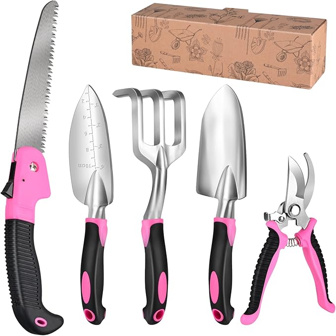 Garden Tool Set,5-Piece Aluminum Lightweight Gardening Kit with Folding Saw, Trowel, Transplanter, Hand Rake, Pink Gardening Gifts for Women,Heavy Duty Gardening Tools with Ergonomic Handle