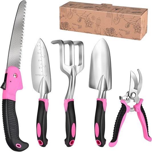 Garden Tool Set,5-Piece Aluminum Lightweight Gardening Kit with Folding Saw, Trowel, Transplanter, Hand Rake, Pink Gardening Gifts for Women,Heavy Duty Gardening Tools with Ergonomic Handle