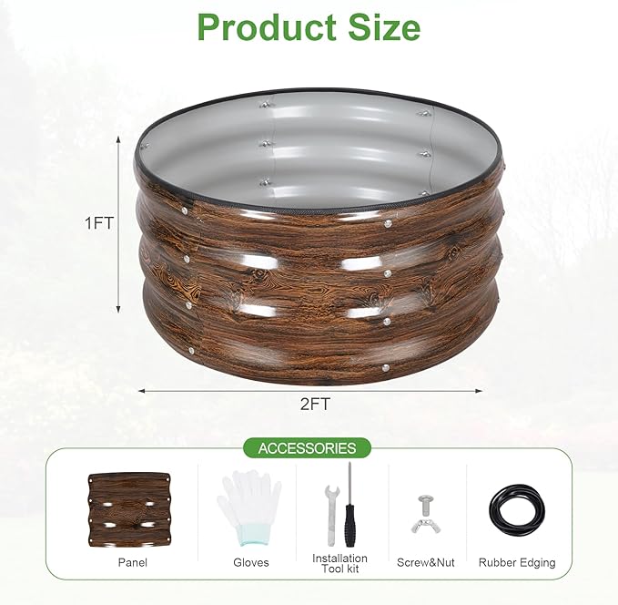 Galvanized Raised Garden Bed- 2Pcs 2x2x1FT Metal Planter Boxes Outdoor | Round Steel Raised Bed Kit & Fire Pit Ring for Gardening with Protective Tape, Gloves for Vegetables (Wood Grain)