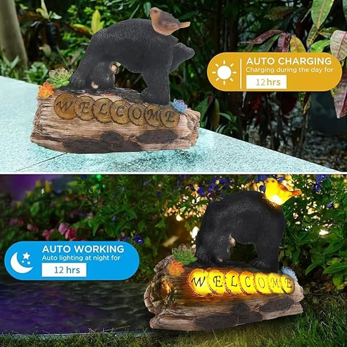 Bear Garden Decorations,Bear Solar Lights Outdoor Garden,Outdoor Solar Lights for Yard Decorations,Bear Garden Welcome Plaque Statue。