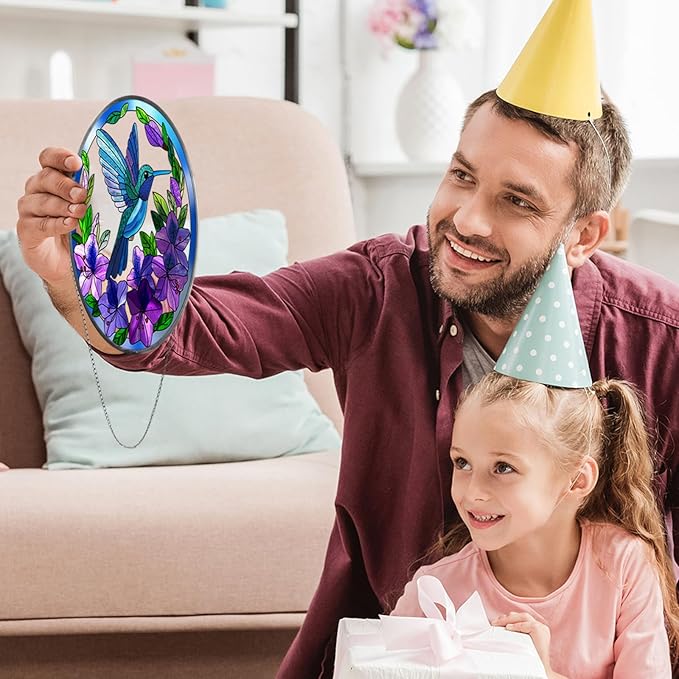 Stained Glass Sun Cather for Window Hanging, 6.3'' Hummingbird Window Ornament for Indoor Outdoor, Hand Painted Stain Glass Gift for Women, Bird Nature Lovers