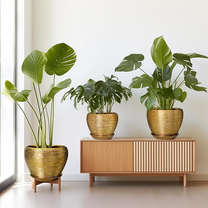 Flower Pots for Indoor Plants- Ceramic Pots for Plants 10 Inch 8 Inch 6 Inch Plant Pots with Drainage Holes and Saucers Decorative Large Planters for Outdoor Plants Set of 3 Gold