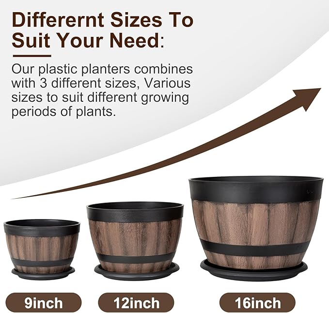 6 Pack Plant Pots with Drainage Holes, Include 3 Each of 16/12 inches Flower Pots with Saucers, Plastic Imitation Wine Barrel Design for Indoor Outdoor Garden Home Plants