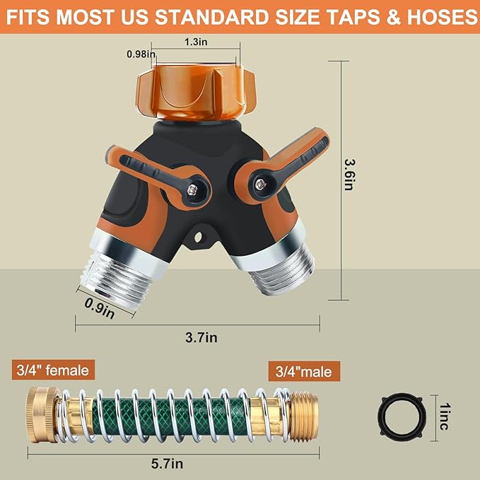 Hose Splitter, Garden Hose Splitter 2 Way Heavy Duty,3/4" Spigot Adapter Connector with 2 Kink Free Faucet Extension Hose Protector 6 Rubber Washers and PTEP Tape for Drip Irrigation, Lawns