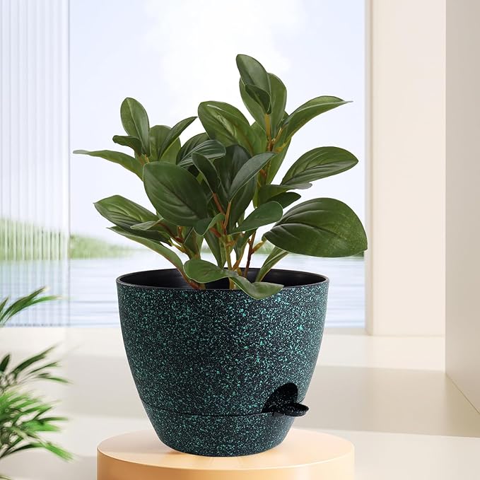 12 inch Large Self Watering Pots, Planter, Plant Pots with Mesh Drainage Holes for Indoor Outdoor House Plants and Garden, Plastic Flower Pots with Reservoir, Black with Green Speckles