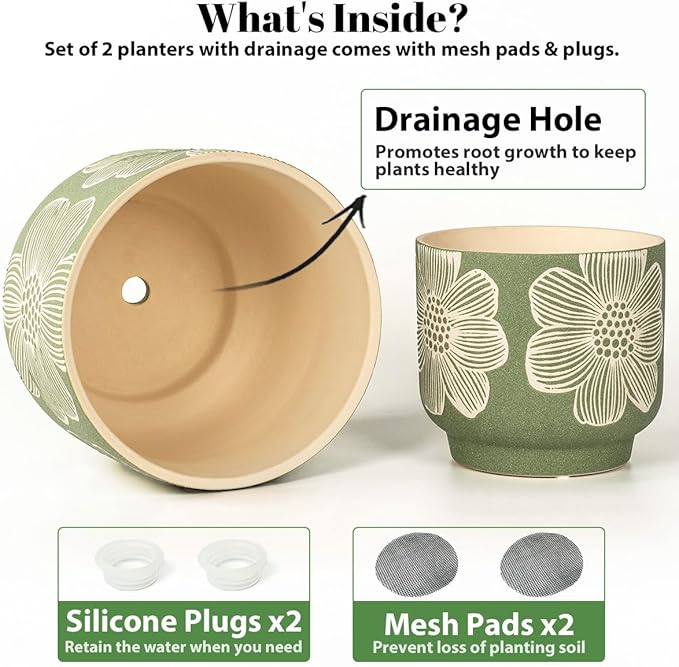 YBX 8 Inch + 6 Inch White Flower Pattern Plant Pots, Sand Glazed Ceramic Planter with Drainage Hole, Flower Pots for Indoor Plants, Green