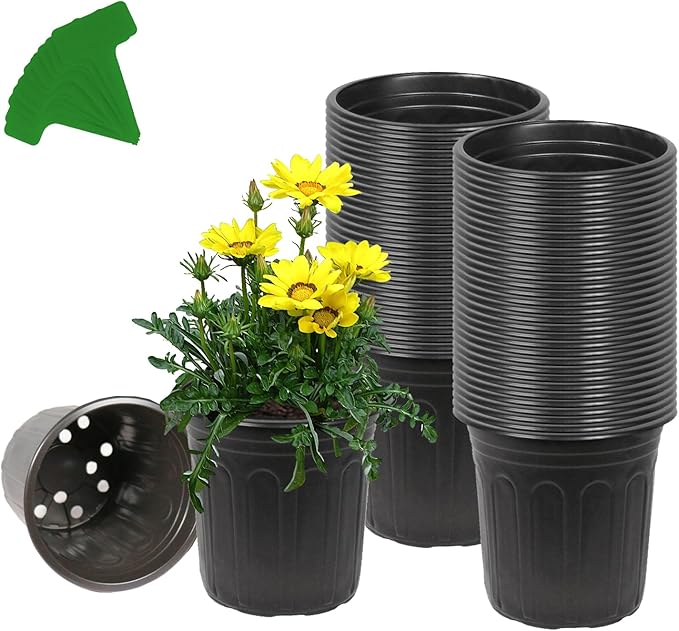 60-Packs 1 Gallon-S Flexible Plastic Plant Nursery Pots with 10 Pcs Plant Labels, Thickened Soft Seed Starting Container for Seedlings, Vegetables, Succulents and Cuttings