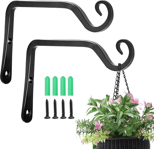 Jardim 2 Pack 6 Inch Premium Decorative Metal Iron Wall Hook, Indoor Outdoor Plant Hanger, Rustic Hanging Gardening Bracket Hook, for Planters, Bird Feeders, Lanterns, Wind Chimes (Black)