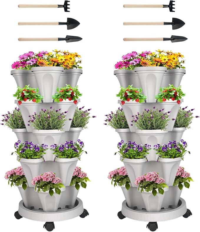 Vertical Planter 5 Tier Stackable Planters Garden Planters Strawberry Herb Flower and Vegetable Planter Indoor Outdoor Gardening Pots with Removable Wheels and Tools 2-Pack