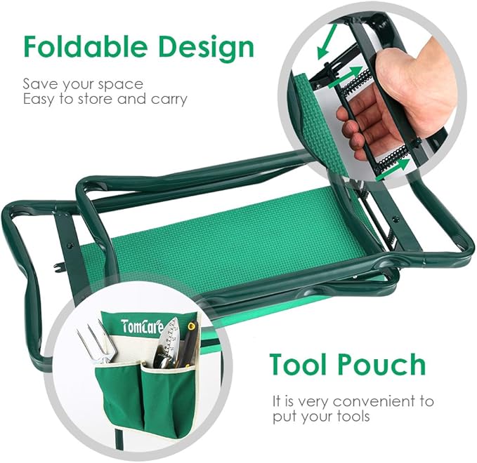 TomCare Garden Kneeler Seat Garden Bench Garden Stools Foldable Stool with Tool Bag Pouch EVA Foam Pad Outdoor Portable Kneeler for Gardening（Large-21.65" x 10.62" x 18.89", Green）