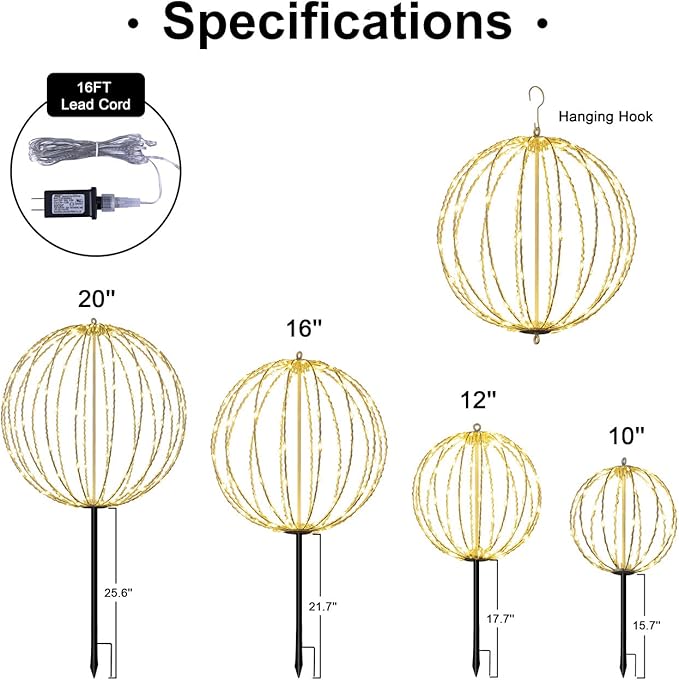 Christmas Ball Light Sphere, 16IN 128LED Hanging Tree Light and Pathway Lights with Hook and Stake, Foldable Metal Frame Light Ball for Outdoor Garden, UL Listed, White Frame, Warm White