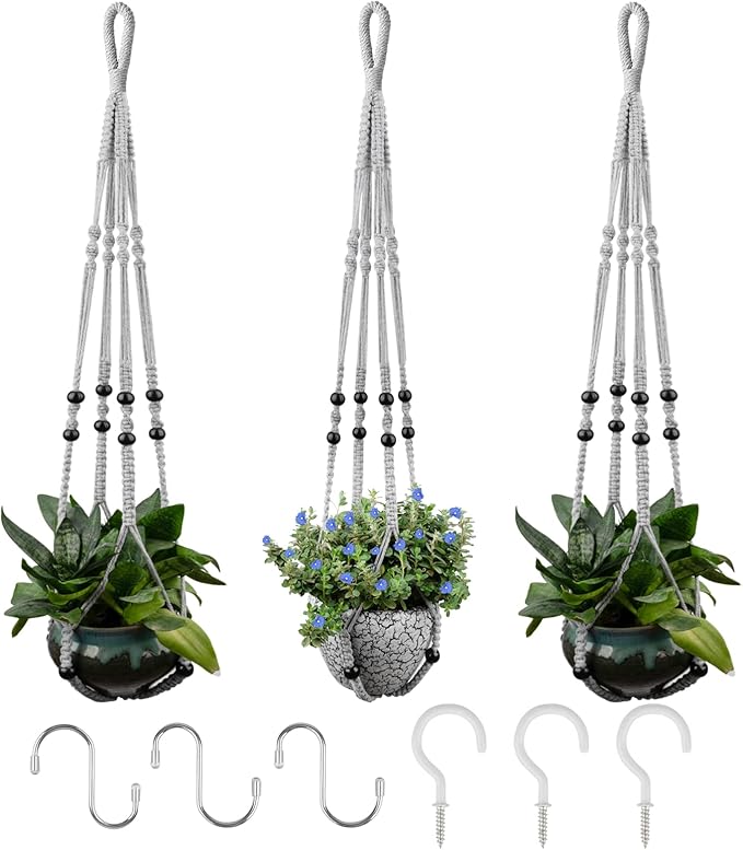 RIFNY Macrame Plant Hanger for 5 to 10 Inch Plant Pots, 35 Inch Indoor Handmade Woven Rope Hanger Kits with Hooks and Wood Beads, Hanging Planter Basket Holder for Boho Home Decor (Grey, 3 Pack)