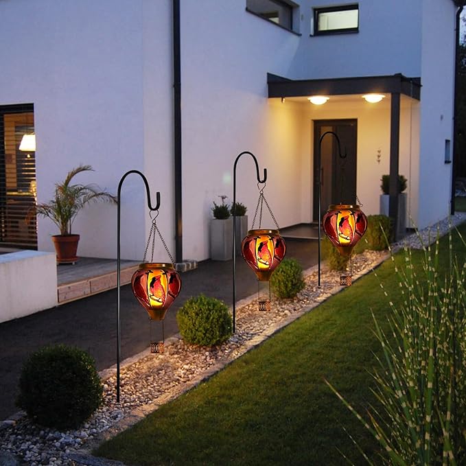 Cardinal Bird Hot Air Balloon Solar Lantern Lights, Solar Hot Air Balloon Flickering Flame Hanging Garden Light Candle LED Glass & Metal Outdoor Waterproof Lanterns Porch Yard Decor, Gift for Mom