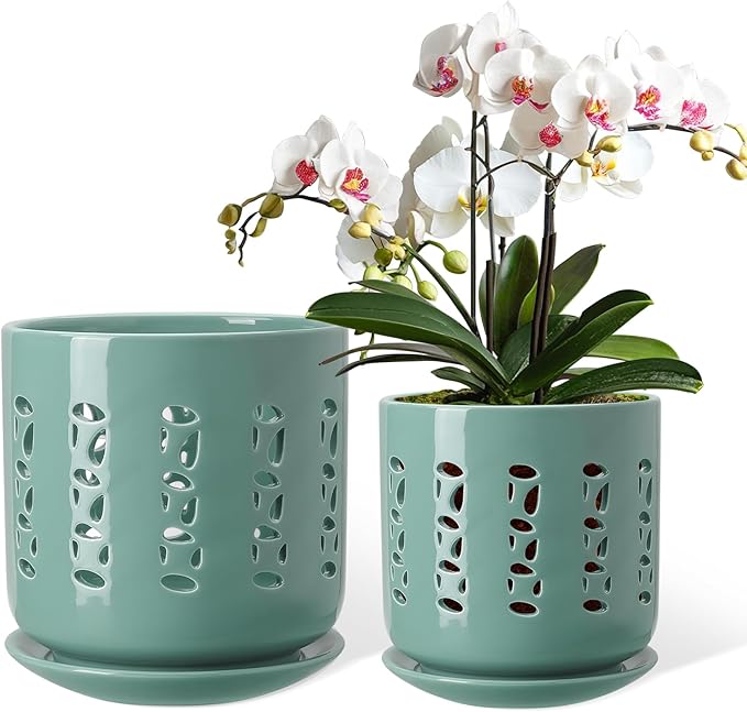 Ceramic Orchid Pots with Holes, 5 Inch+6 Inch Orchid Planter with Drainage Holes and Tray, Indoor Flower Pot for Repotting Orchids, Elegant Indigo Glaze