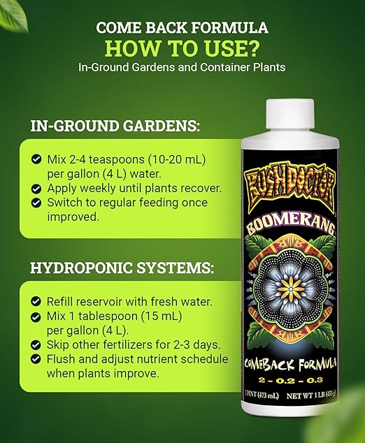 Fox Farm Bushdoctor Boomerang Fertilizer - for Fast Recovery of Stressed Plants, Root Health, Solubilized Nutrition - Perfect for Hydroponic & Soil Application- NPK 2-0.2-0.3, (Pint)