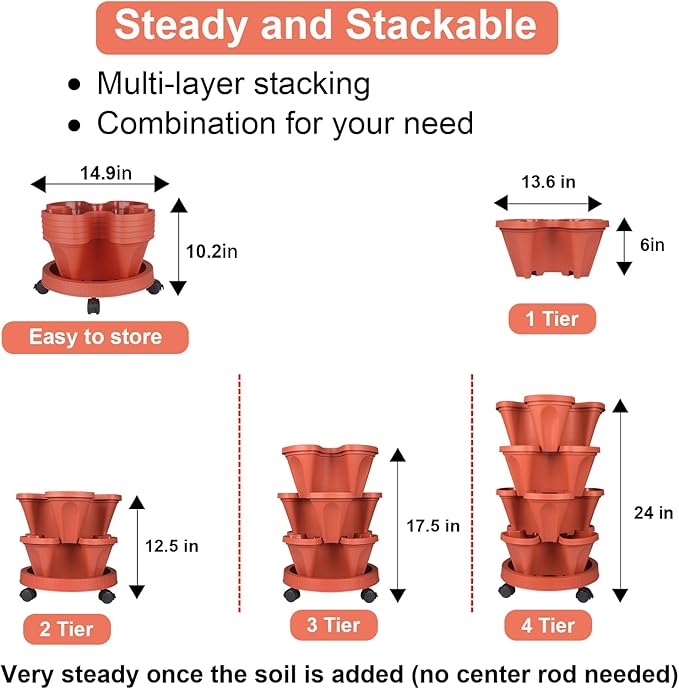 Vertical Planter 4 Tier Stackable Planters Garden Planters Strawberry Herb Flower and Vegetable Planter Indoor Outdoor Gardening Pots with Removable Wheels and Tools 2-Pack