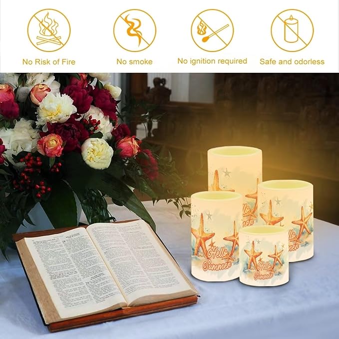 Flameless LED Candles Electric Candles with Remote Timer Control Color Changing Long Lasting Tealights Fake Candles Set of 4, Beach Themed Home Decoration, Starfish Hello Summer