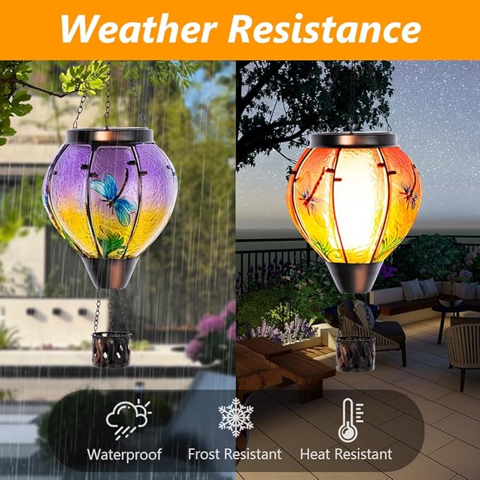 Starsoul Dragonfly Hot Air Balloon Solar Lantern Outdoor Glass Hanging Hot Air Balloon Lantern with Flame Light Waterproof for Patio Pathway Yard Porch Backyard Decor