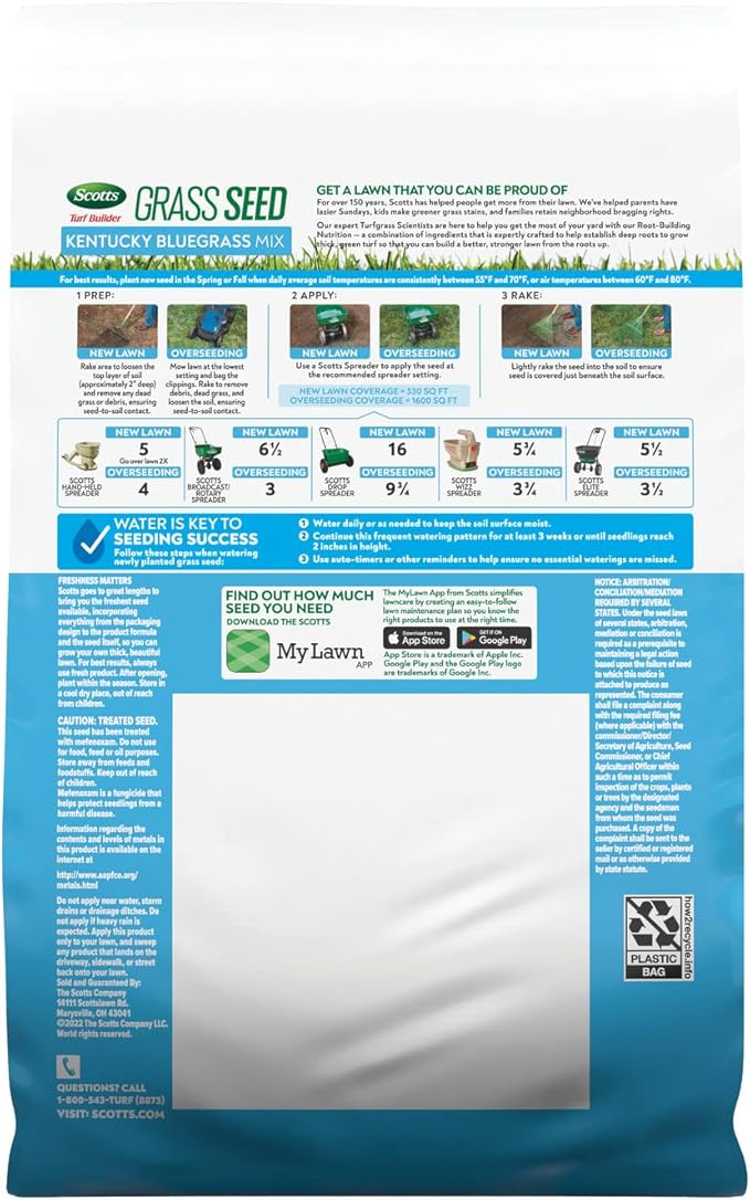 Scotts Turf Builder Grass Seed Kentucky Bluegrass Mix with Fertilizer and Soil Improver, Grows Dense, Green Turf, 2.4lbs.