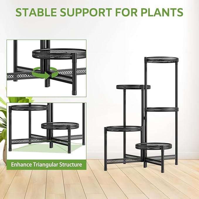 iDavosic.ly 5 Tier Large Plant Stand Indoor with 10 Inch Wide Tray, Tiered Corner Metal Outdoor Flower Display Holder Shelf, Folding Tall Rack for Patio Porch Balcony, Black Iron Carving
