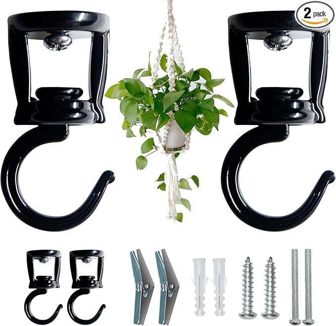 Ceiling Hooks for Hanging Plants (2 PCS Black),Heavy Duty Metal Plant Hooks, Screw in Hooks for Hanging Birdfeeders, Lamps, Planters, Outdoor Decorative Hooks up to 33 lbs